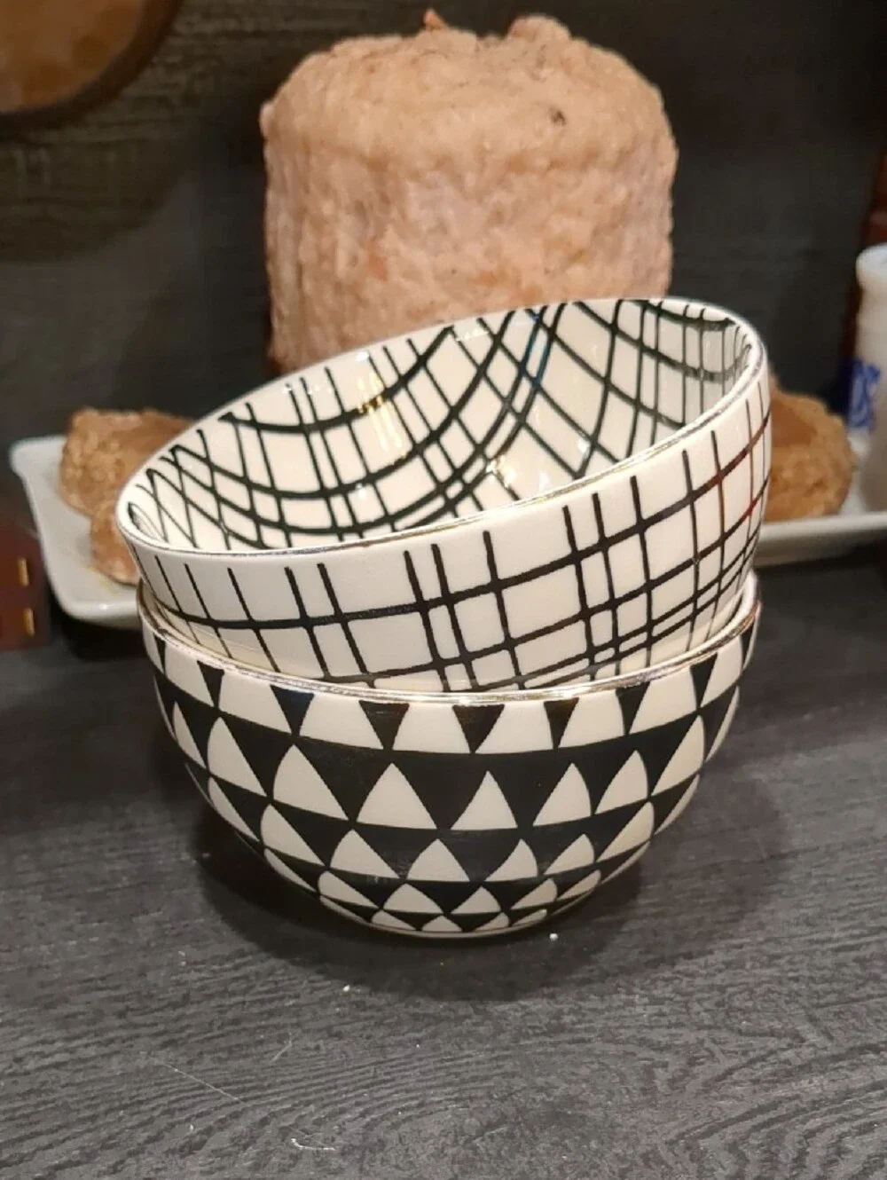 Thyme & Table Black & White Stoneware Bowls - Set of 2 Geometric Gold Rim